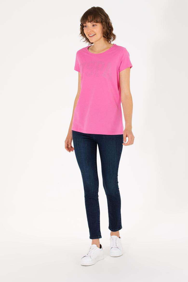 Kadın Pembe Bisiklet Yaka Basic Tişört - 50262670025