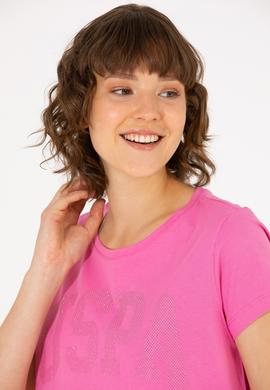 Kadın Pembe Bisiklet Yaka Basic Tişört - 50262670025