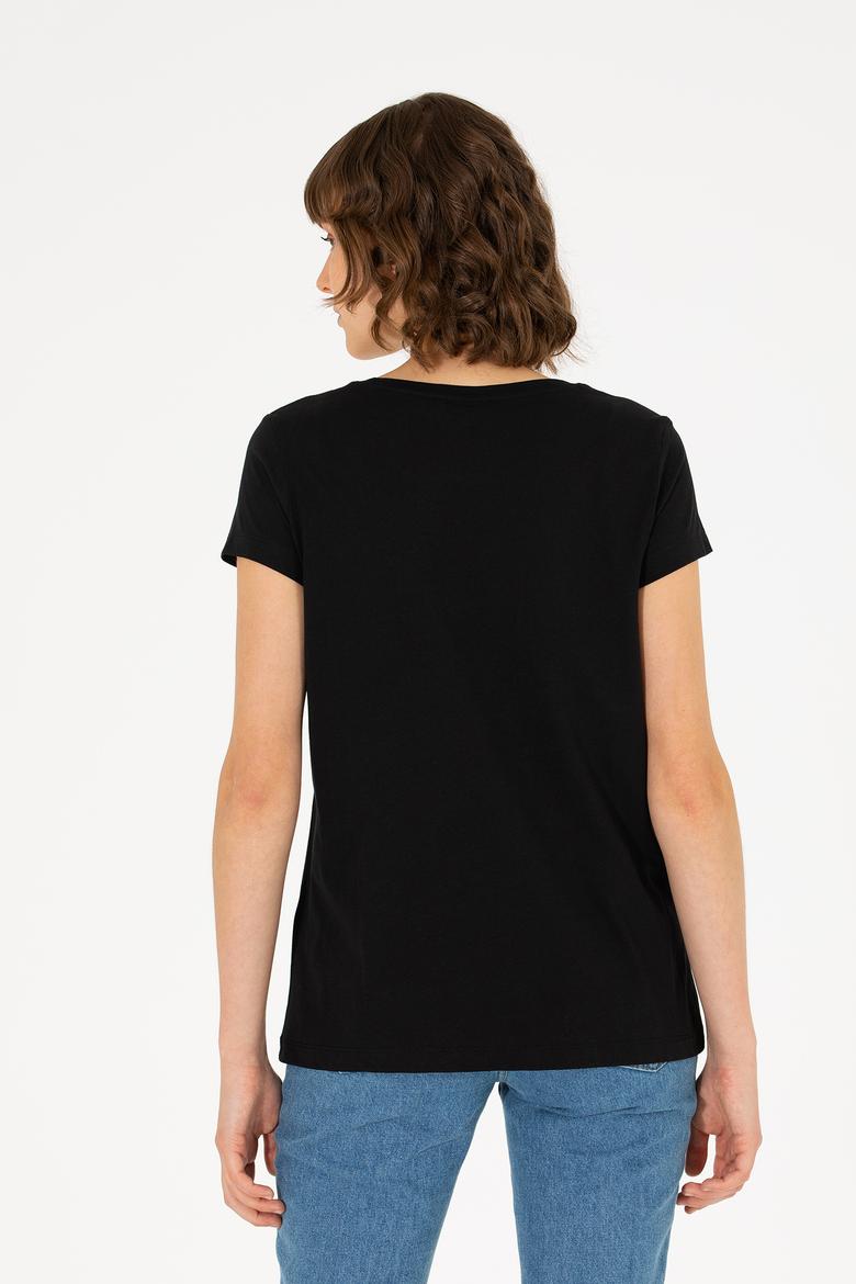 Kadın Siyah Bisiklet Yaka Basic Tişört - 50262670088