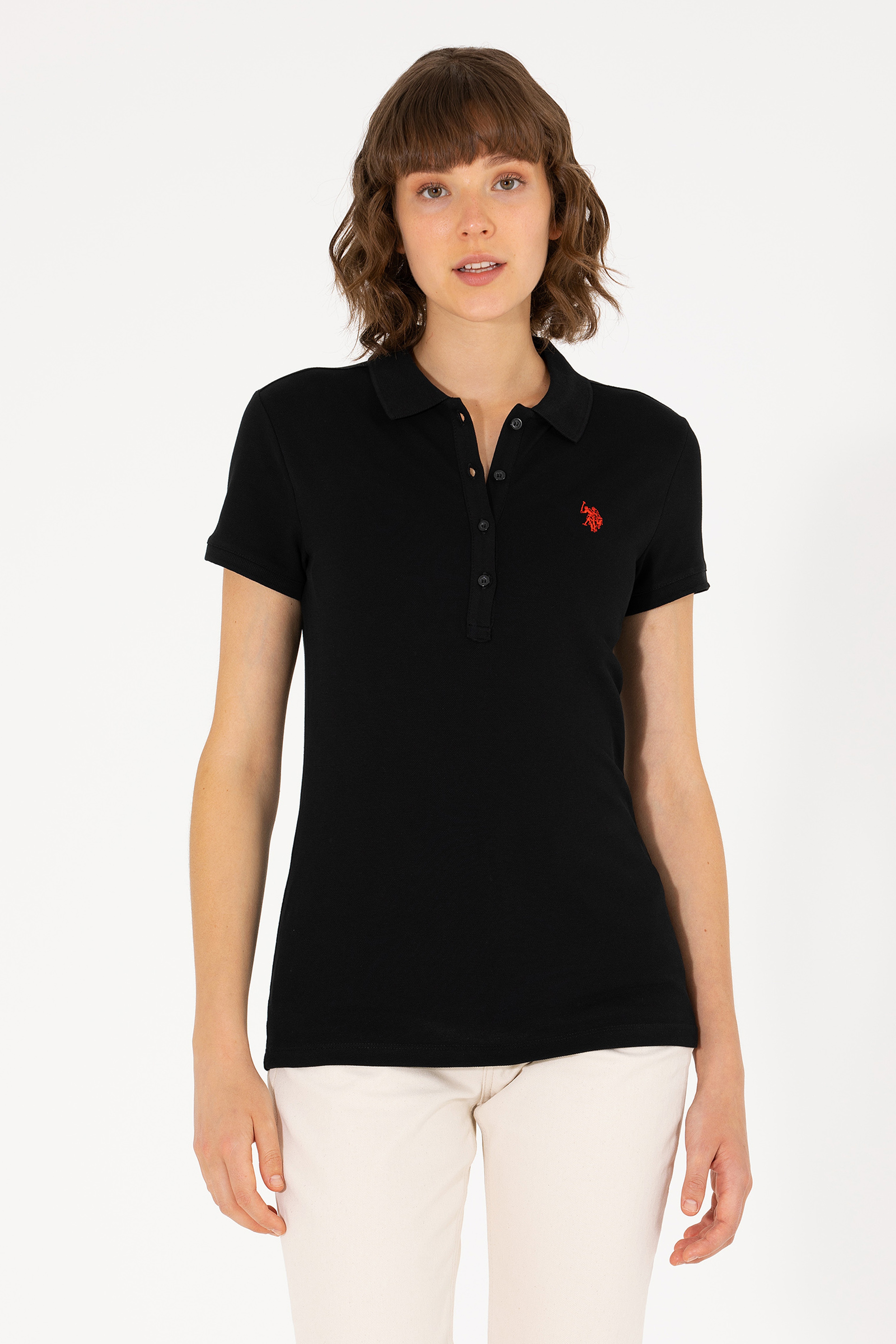 Kadın Siyah Basic Polo Yaka Tişört - Image 1