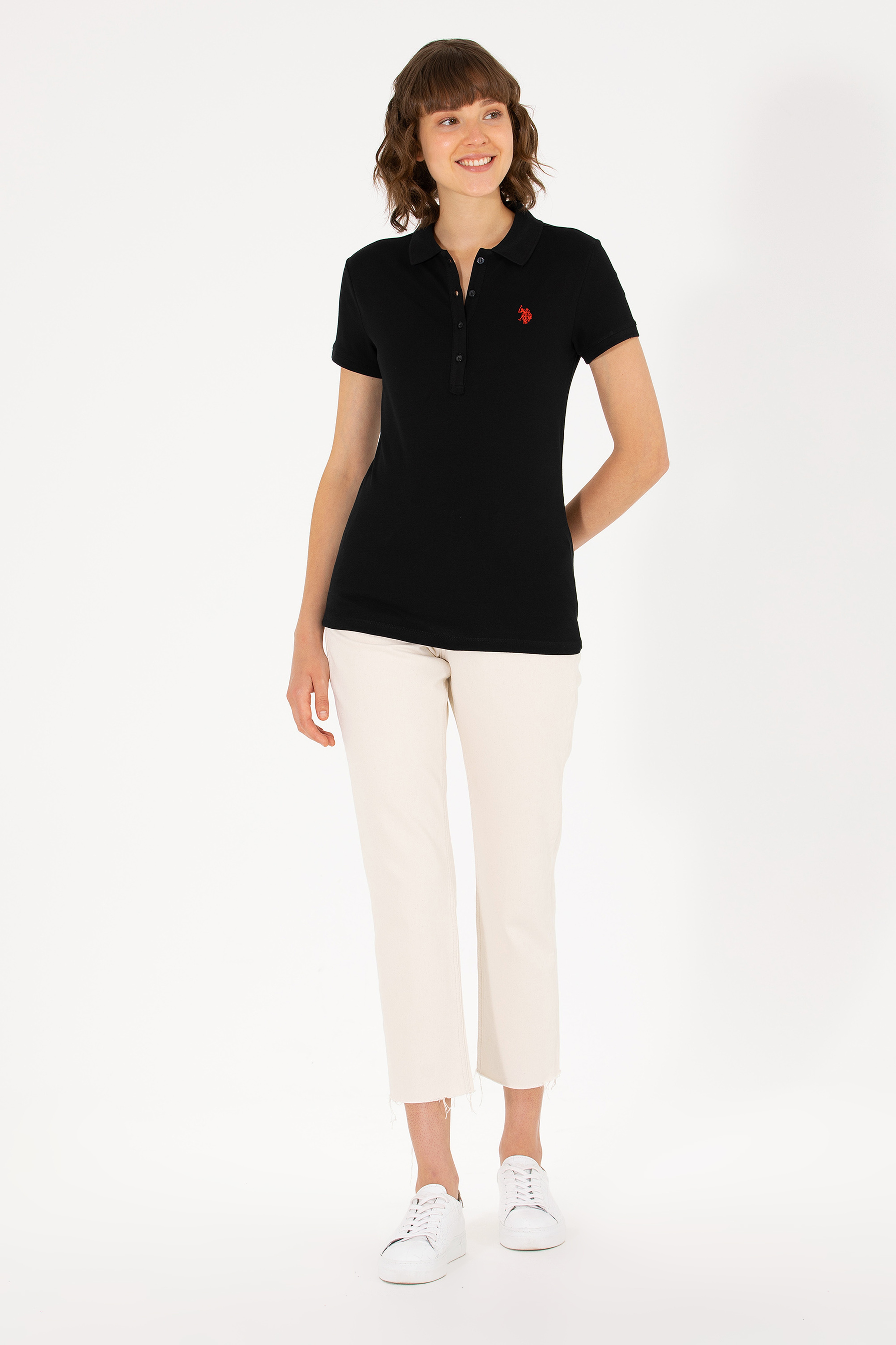Kadın Siyah Basic Polo Yaka Tişört - Image 4