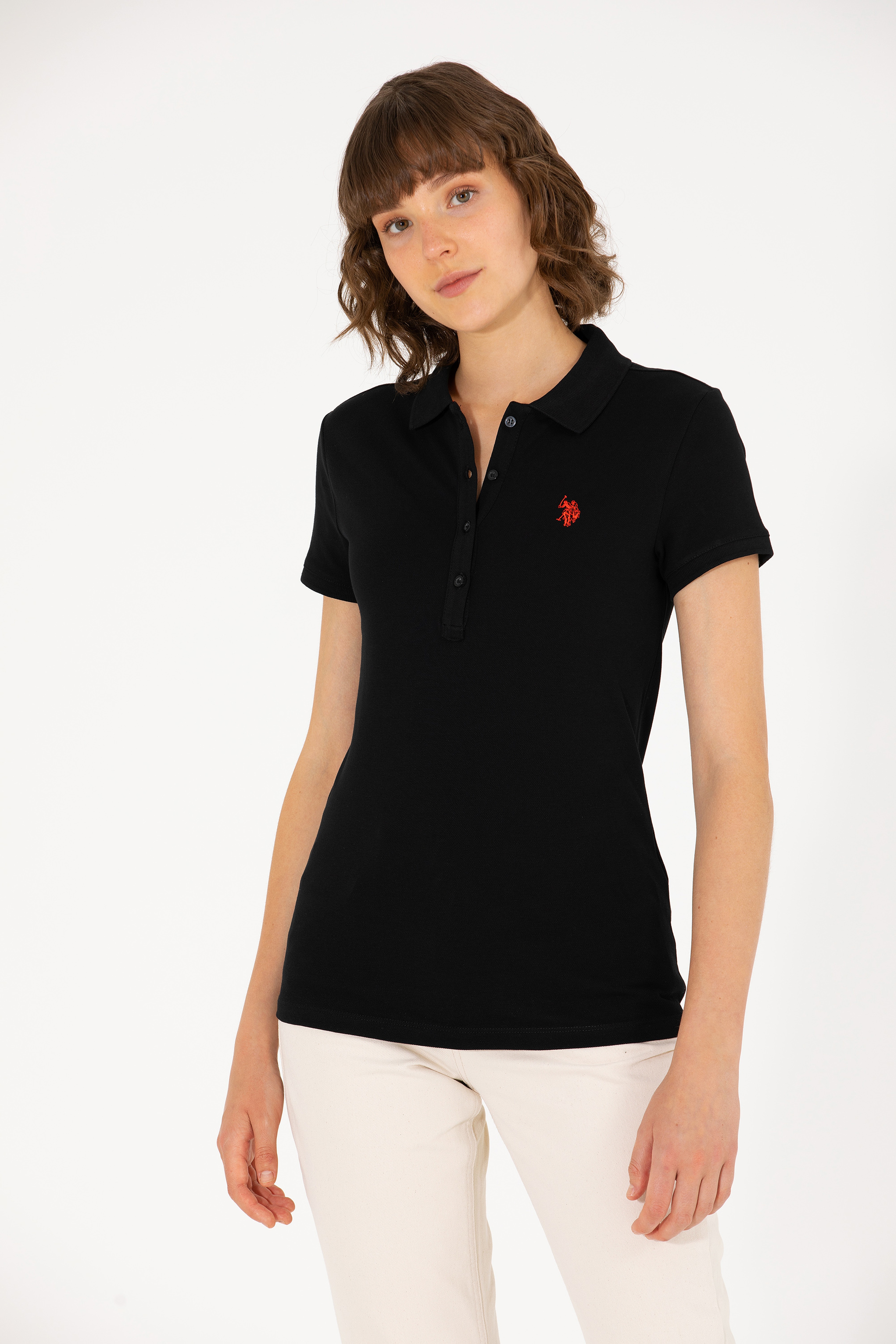 Kadın Siyah Basic Polo Yaka Tişört