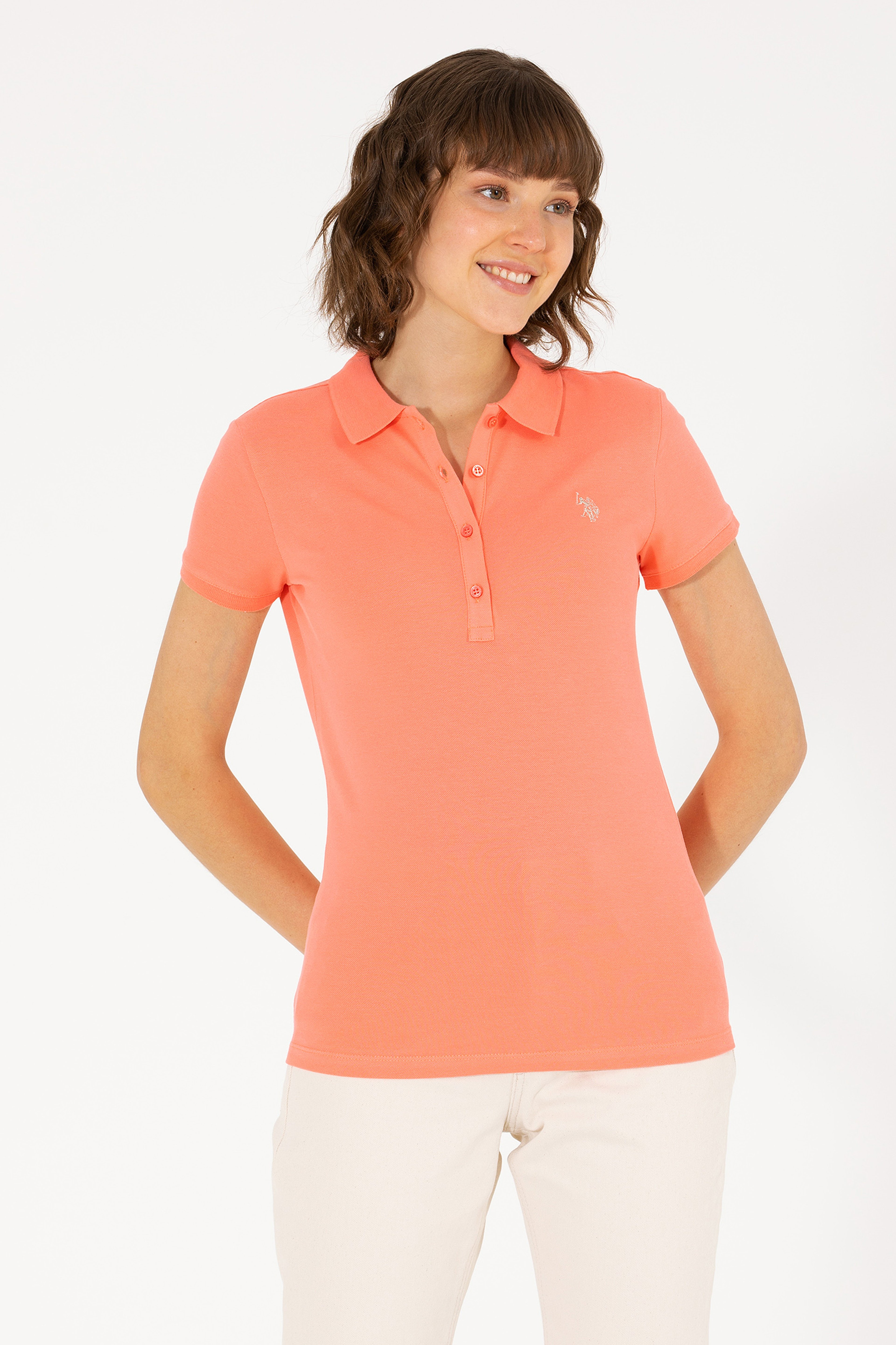 Kadın Somon Basic Polo Yaka Tişört - Image 1