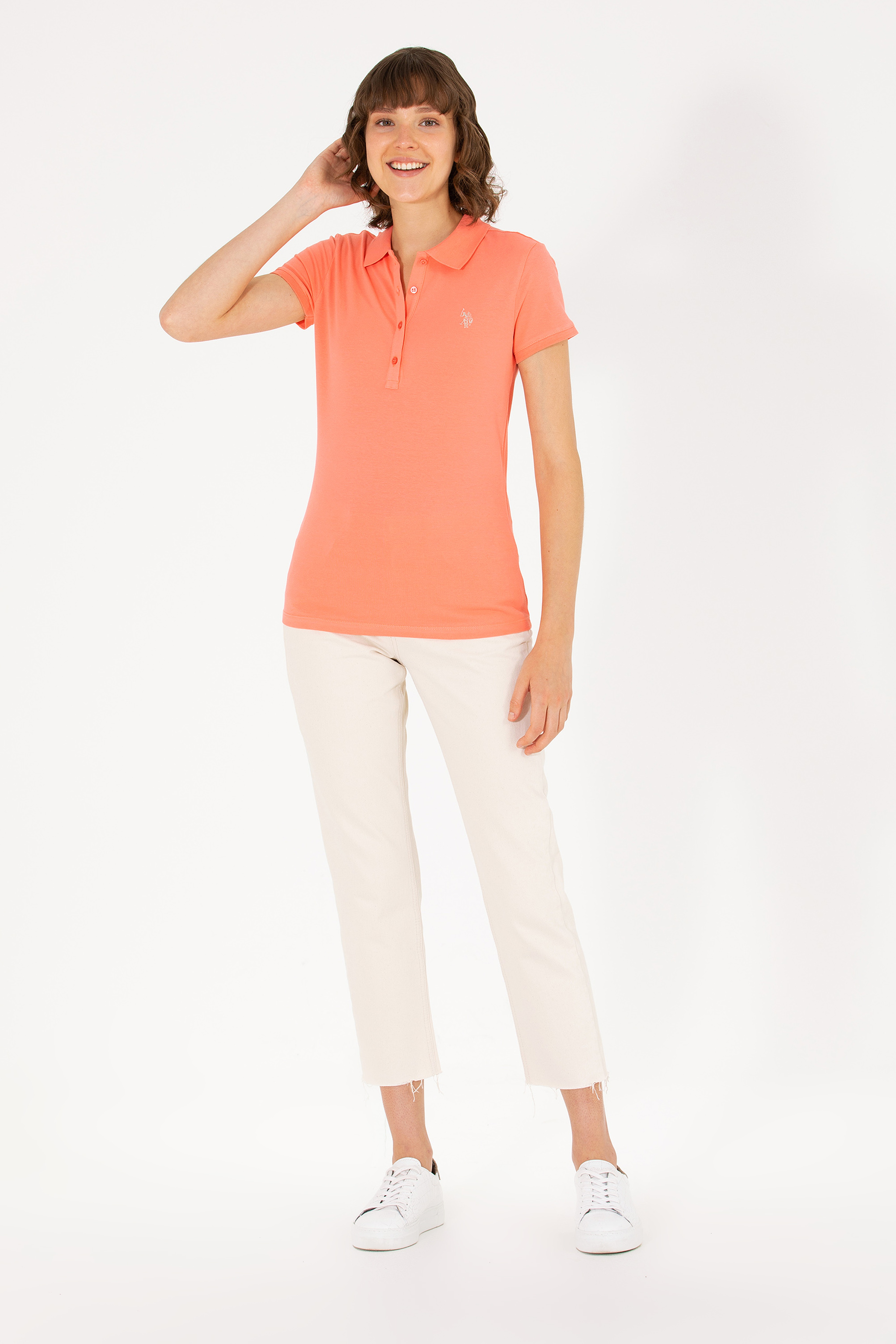 Kadın Somon Basic Polo Yaka Tişört - Image 4