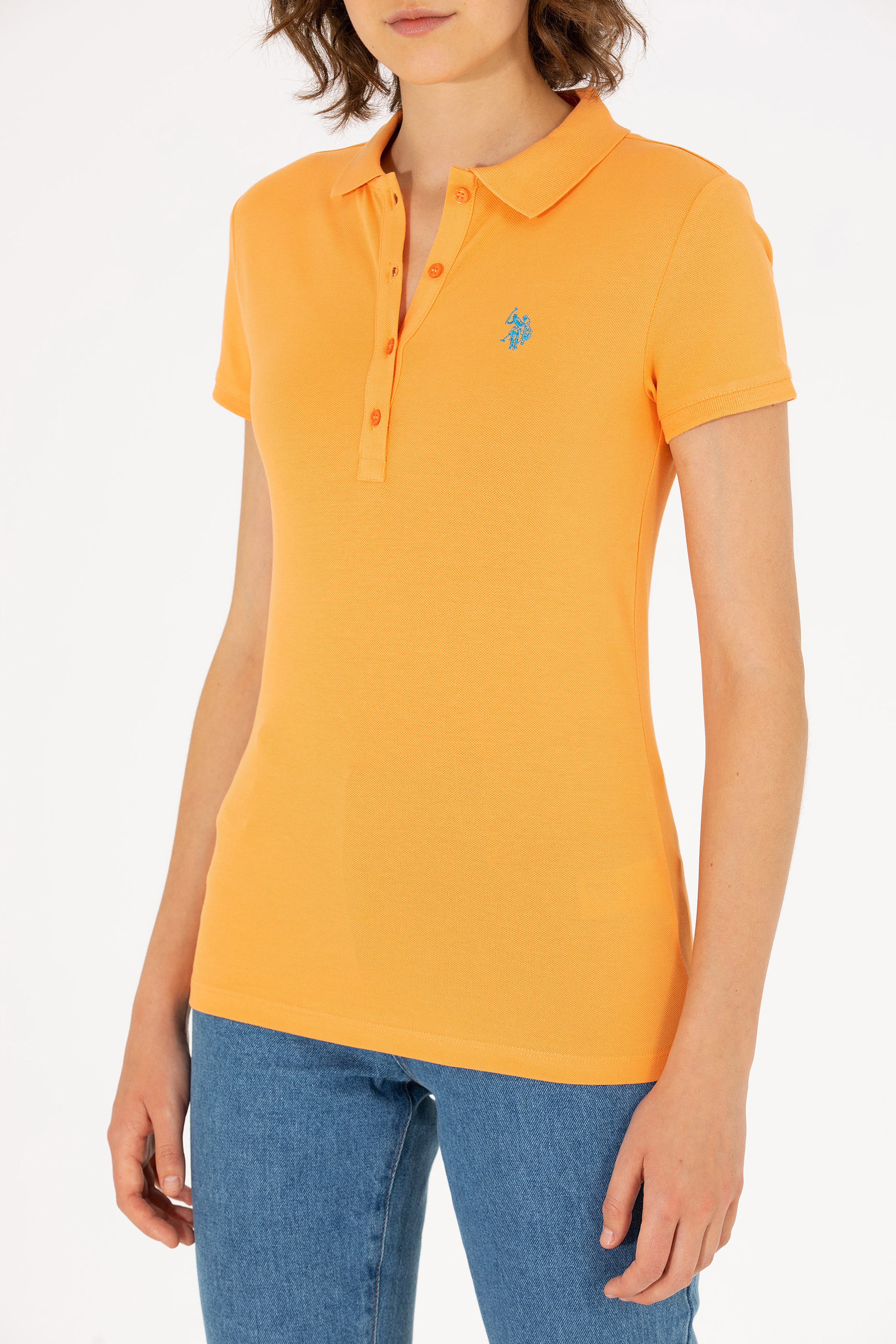 Kadın Turuncu Basic Polo Yaka Tişört - Image 6