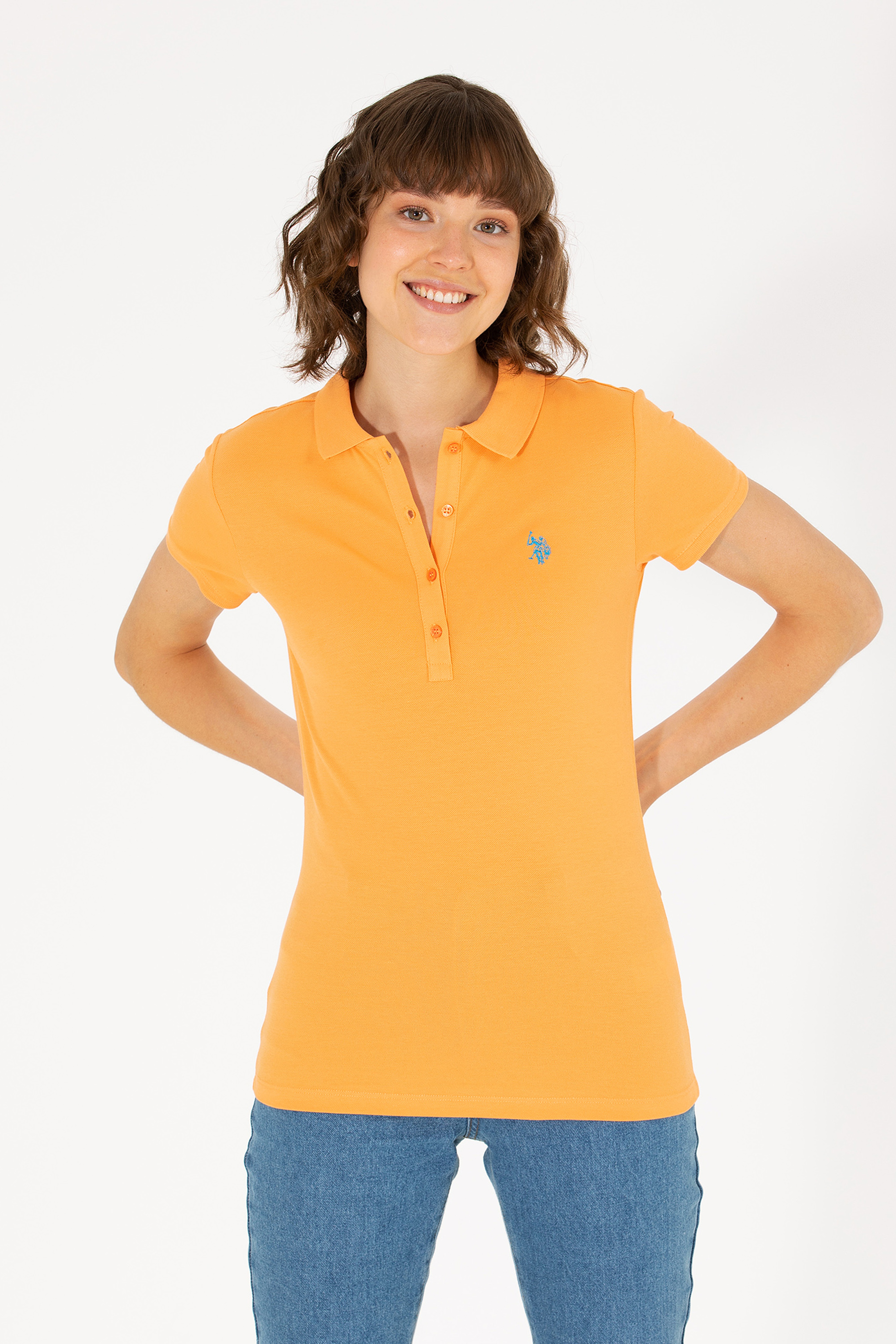 Kadın Turuncu Basic Polo Yaka Tişört - Image 1