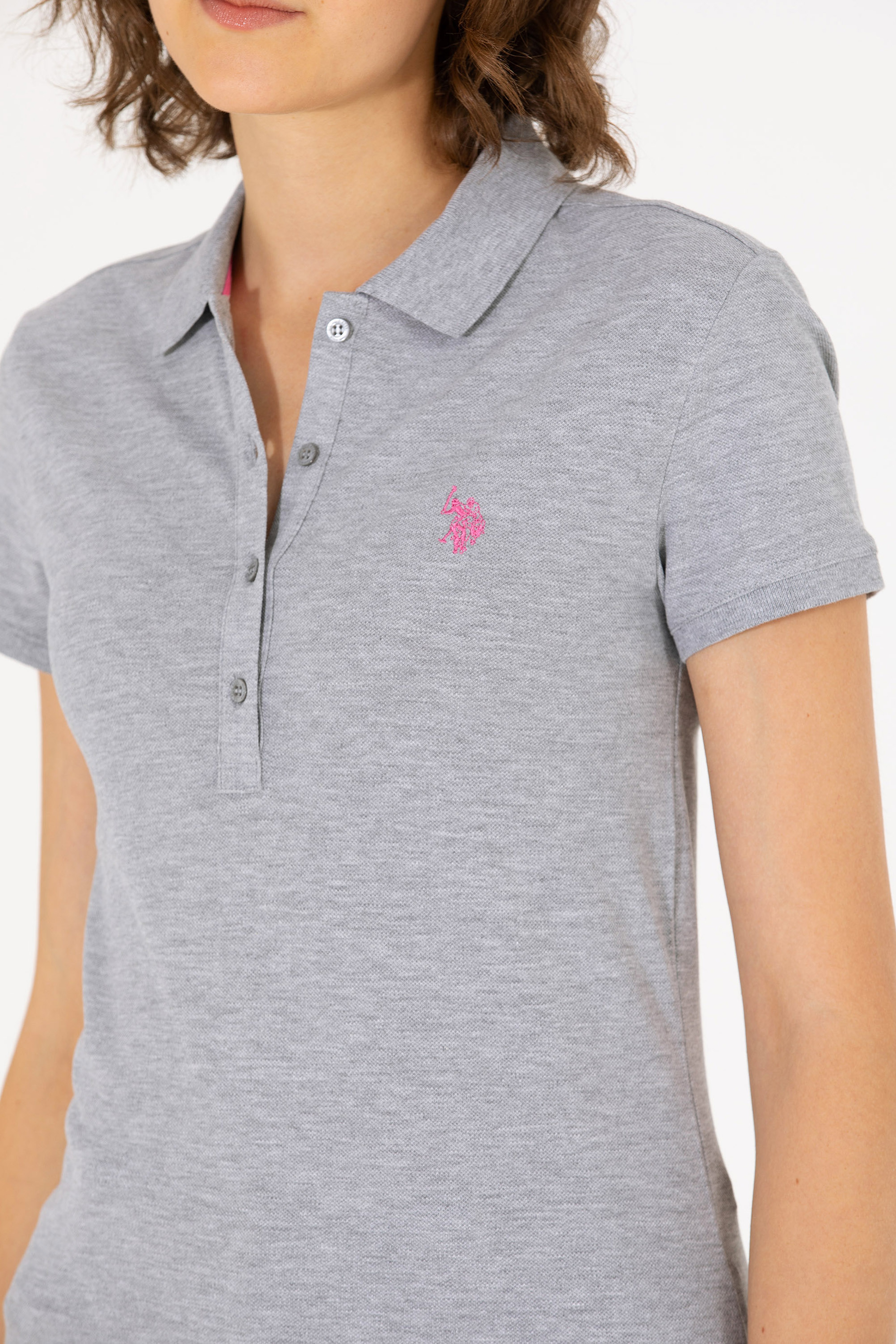 Kadın Gri Melanj Basic Polo Yaka Tişört