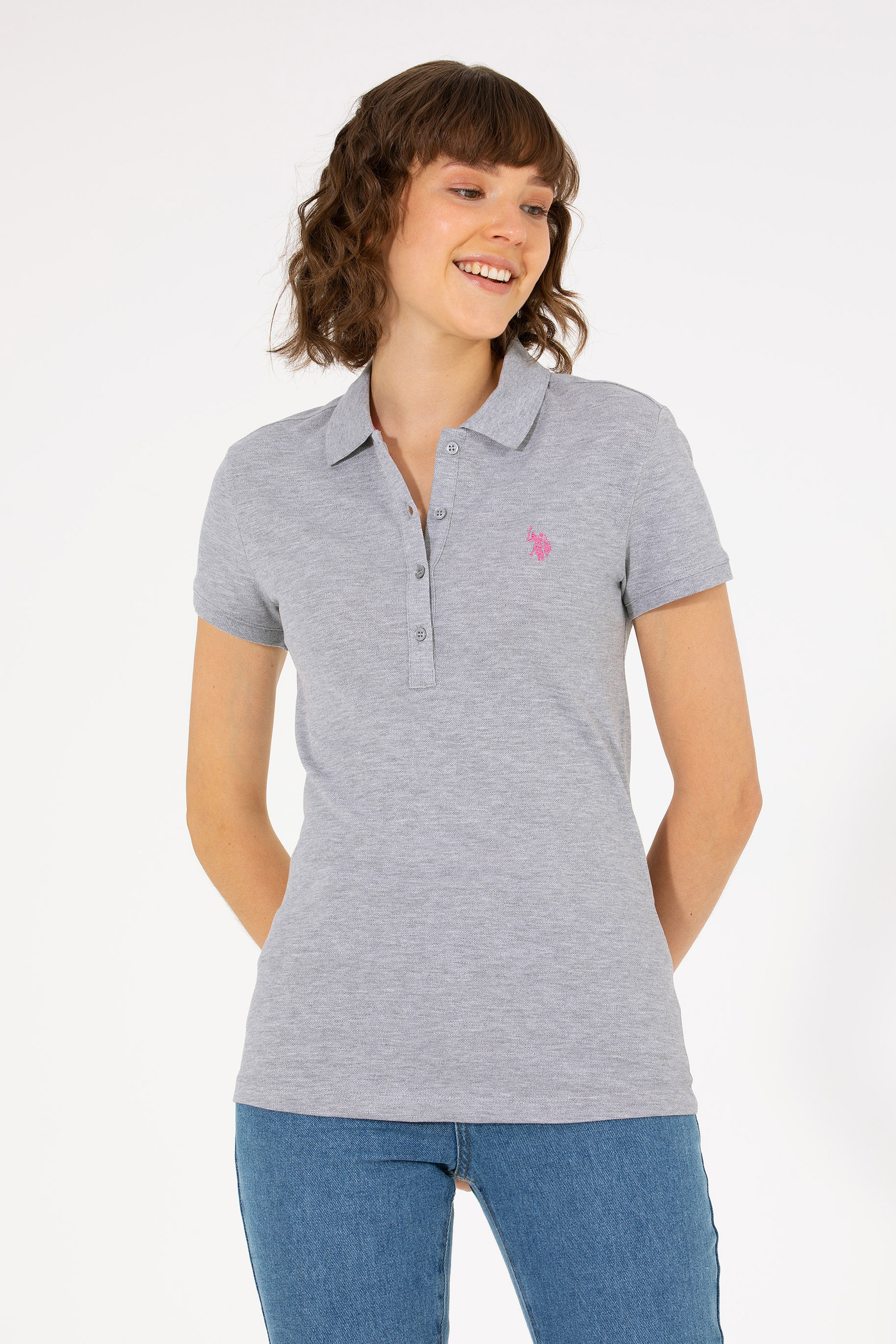 Kadın Gri Melanj Basic Polo Yaka Tişört - Image 1