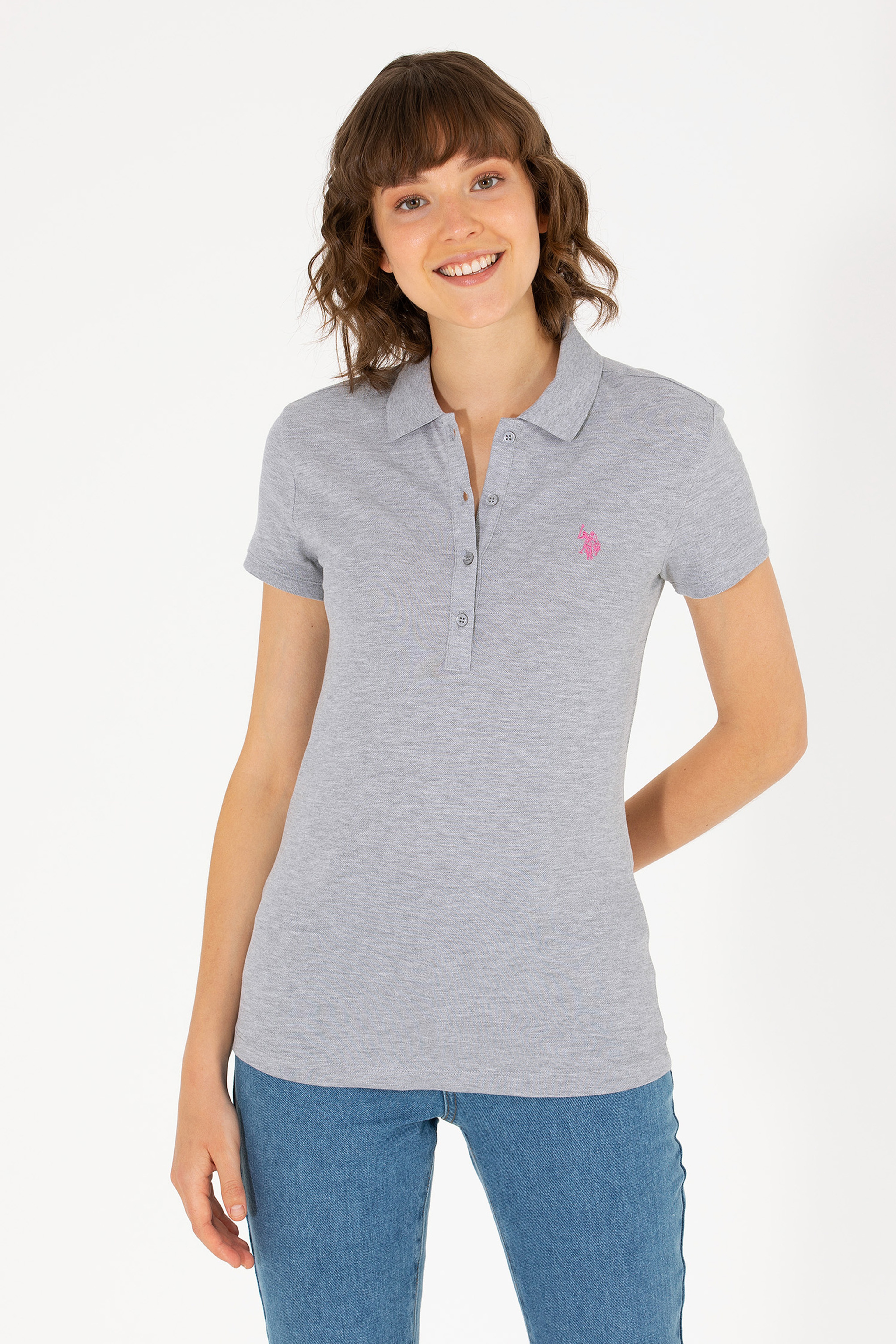 Kadın Gri Melanj Basic Polo Yaka Tişört - Image 4