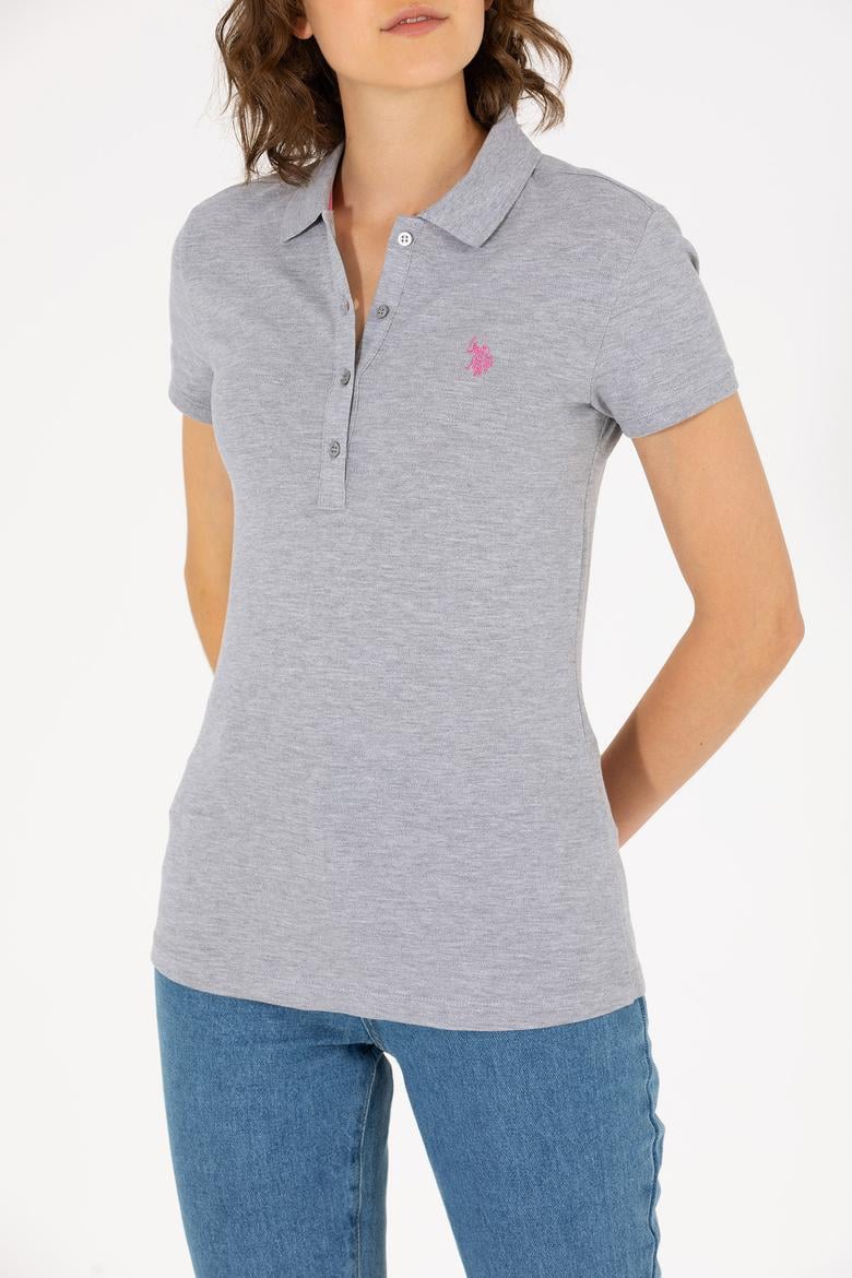 Kadın Gri Melanj Basic Polo Yaka Tişört - 50262675136