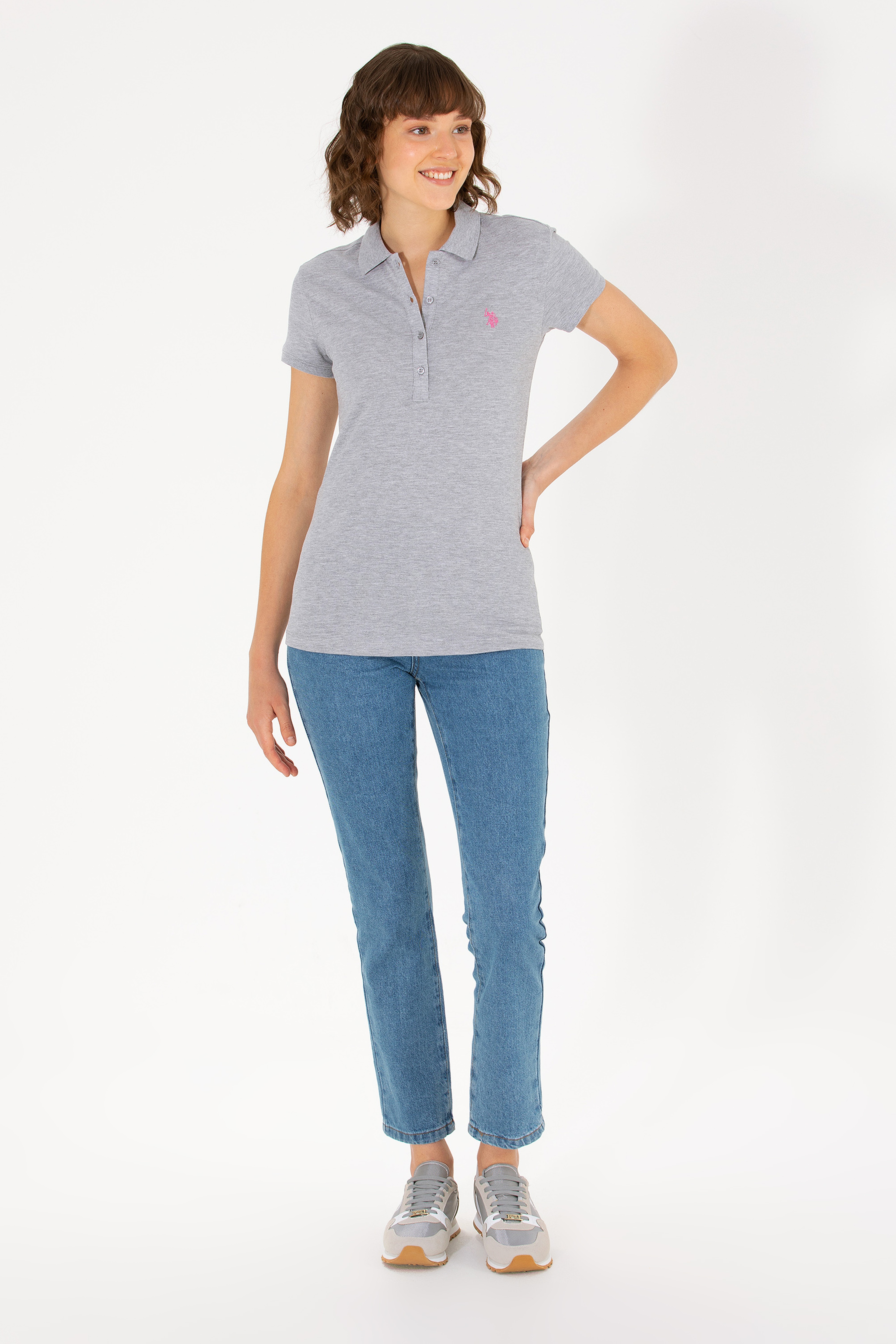 Kadın Gri Melanj Basic Polo Yaka Tişört - Image 3