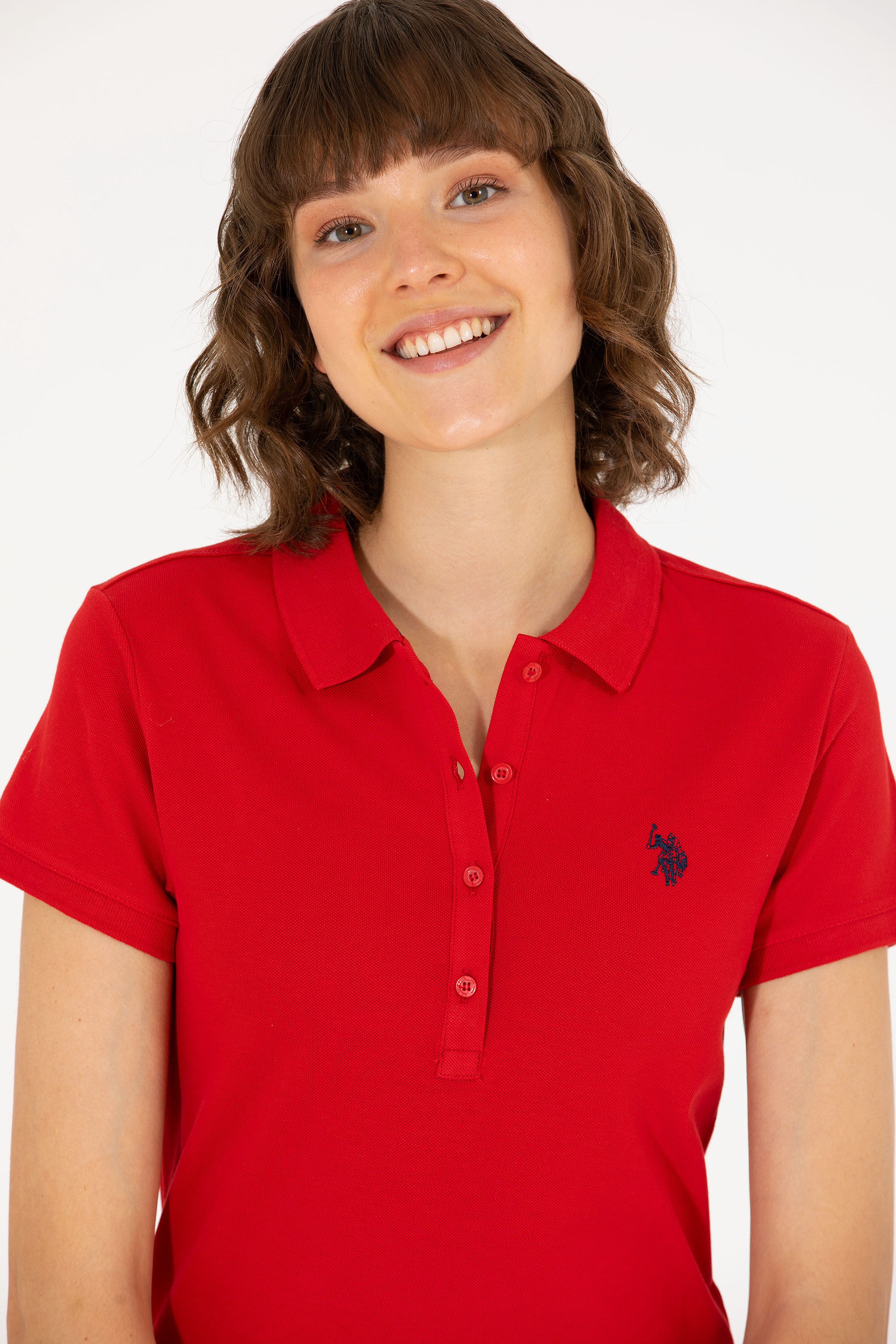 Kadın Kırmızı Basic Polo Yaka Tişört - Image 2