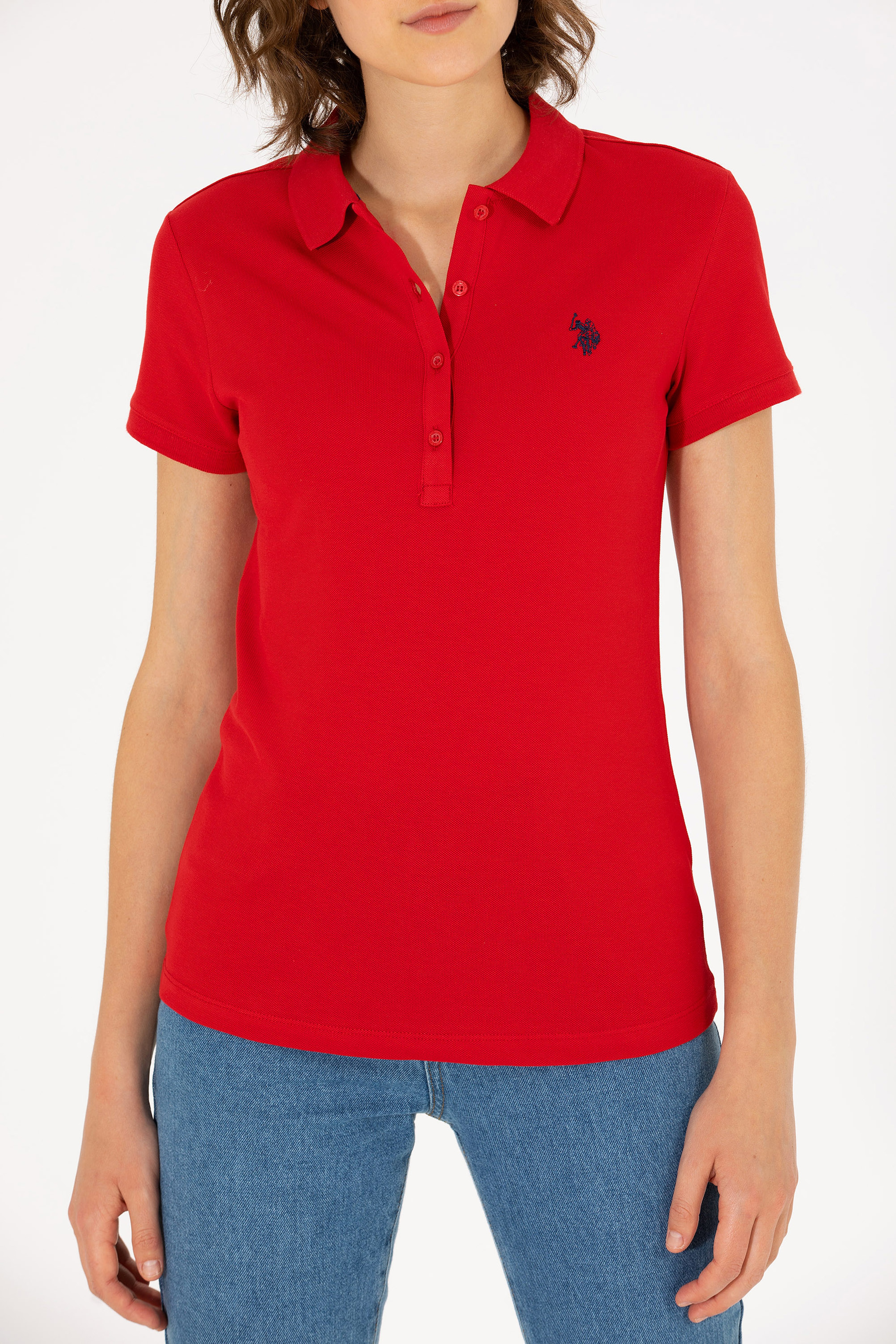 Kadın Kırmızı Basic Polo Yaka Tişört - Image 6