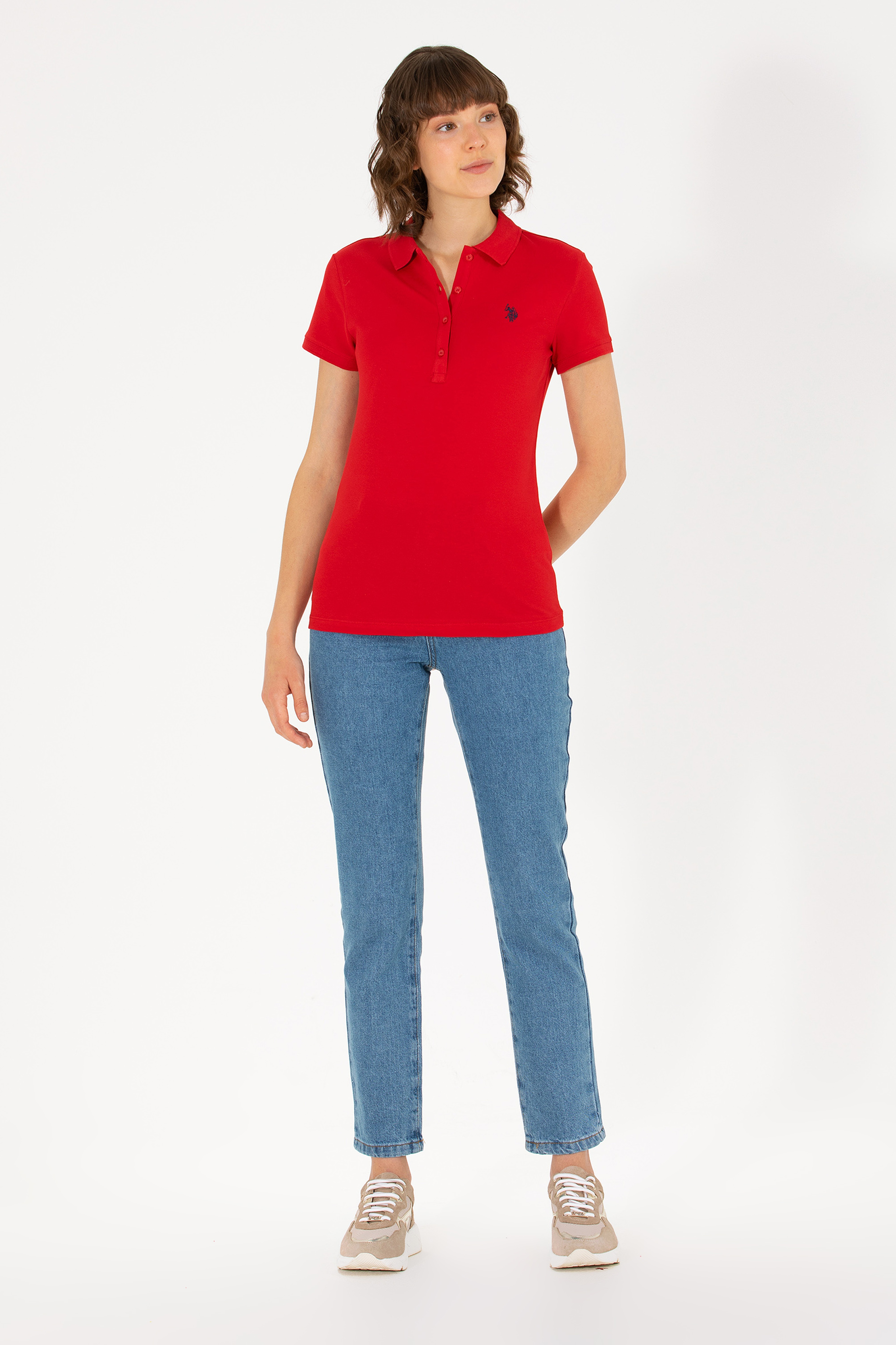 Kadın Kırmızı Basic Polo Yaka Tişört - Image 3