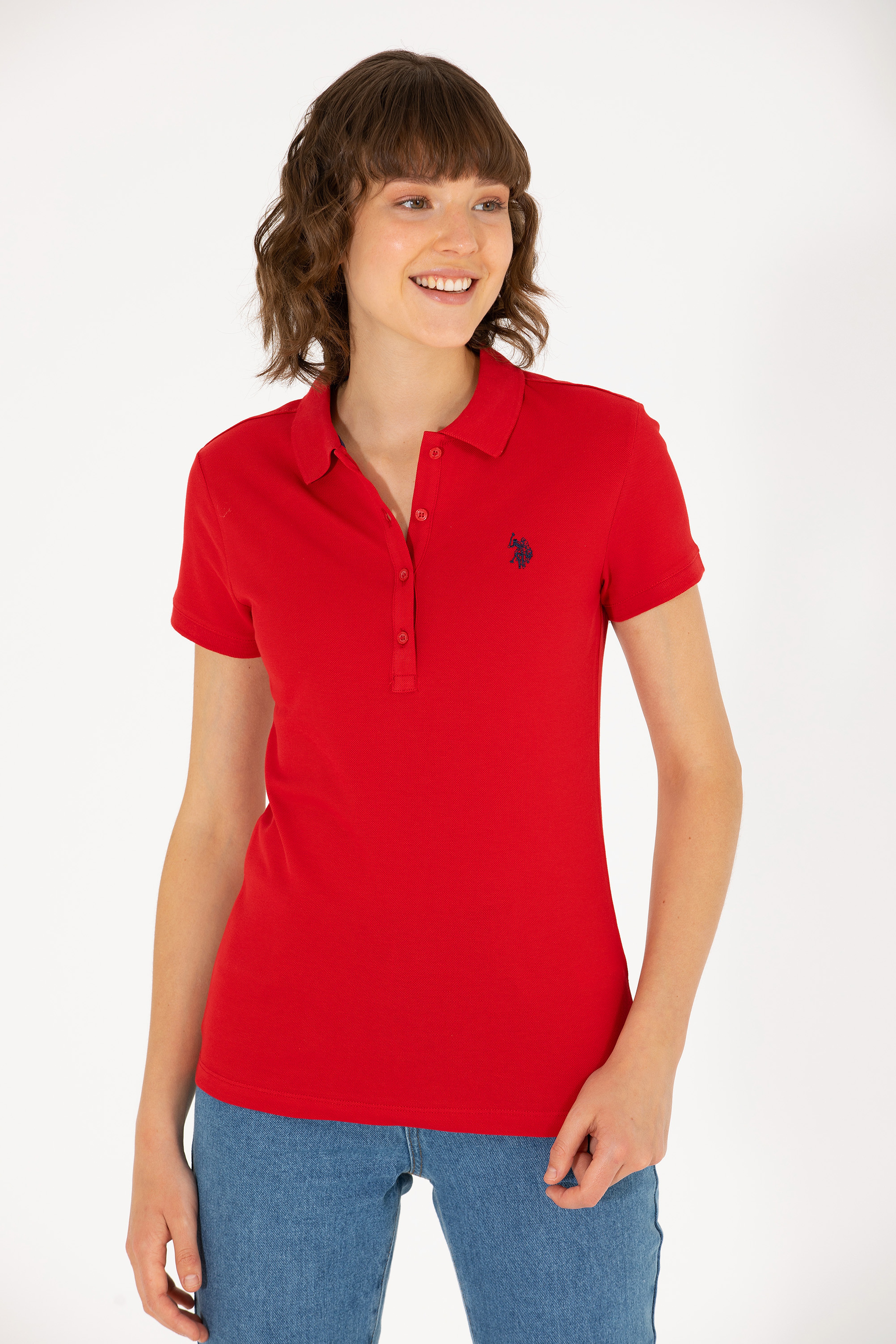 Kadın Kırmızı Basic Polo Yaka Tişört - Image 1