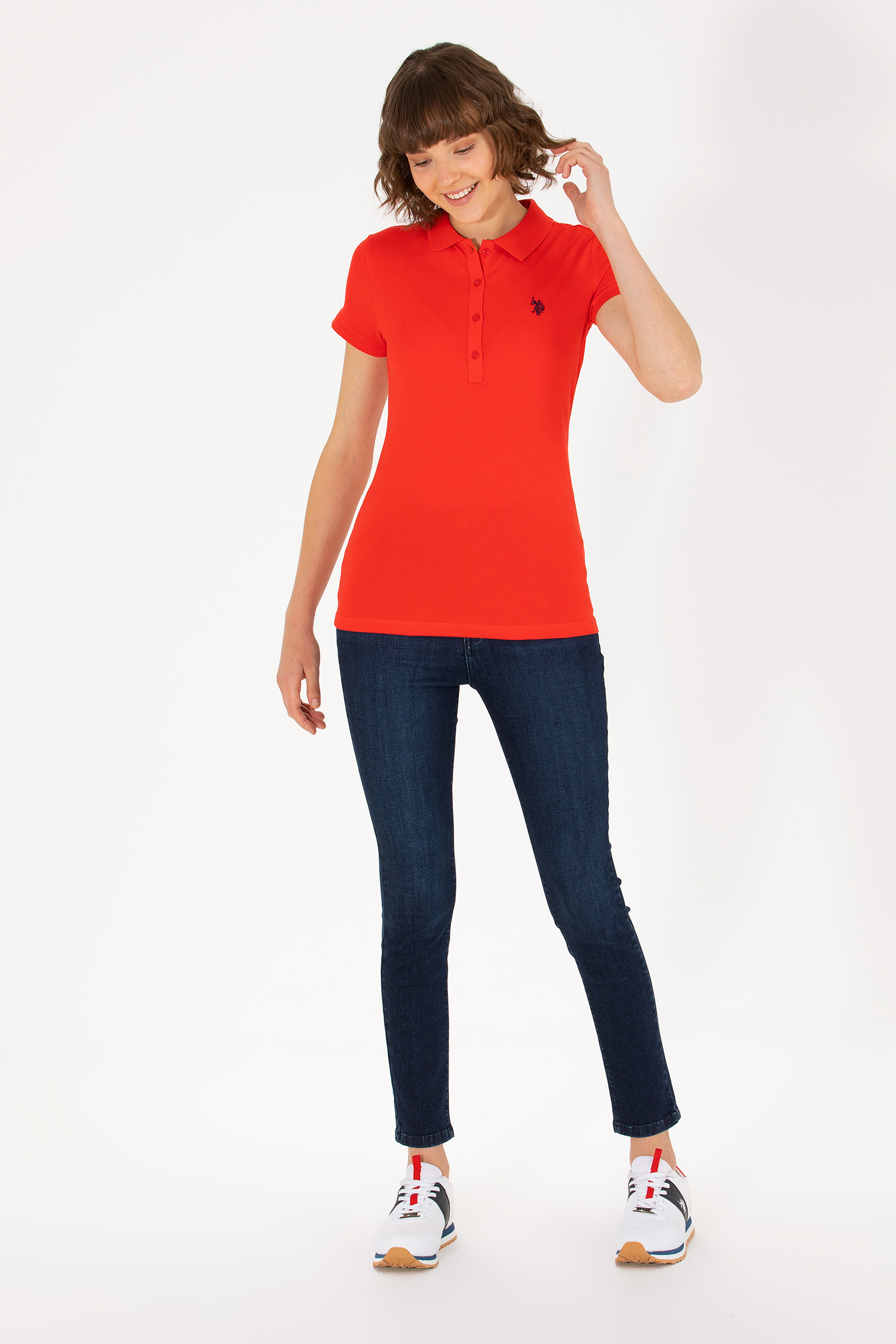 Kadın Kırmızı Basic Polo Yaka Tişört - Image 4