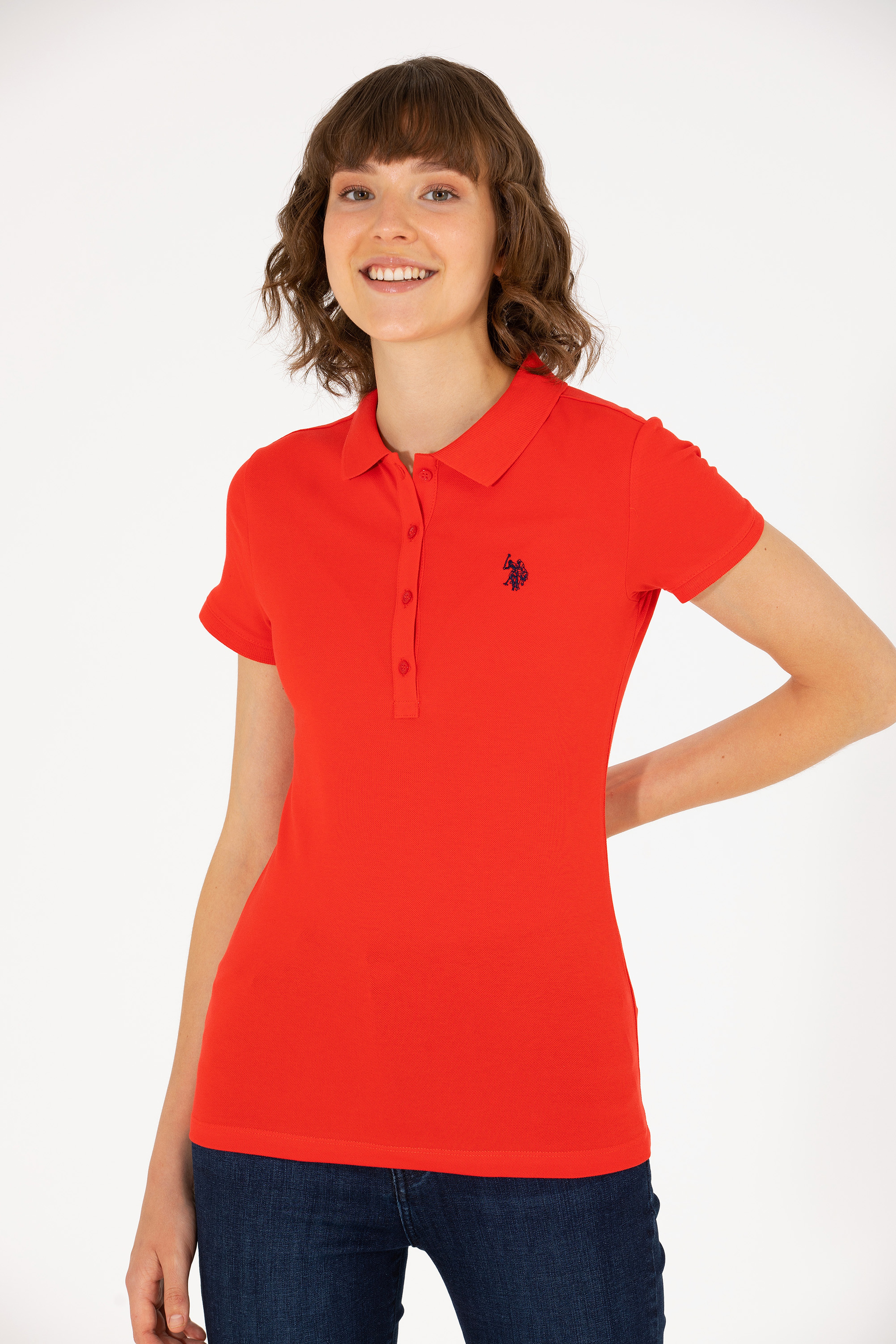 Kadın Kırmızı Basic Polo Yaka Tişört - Image 3