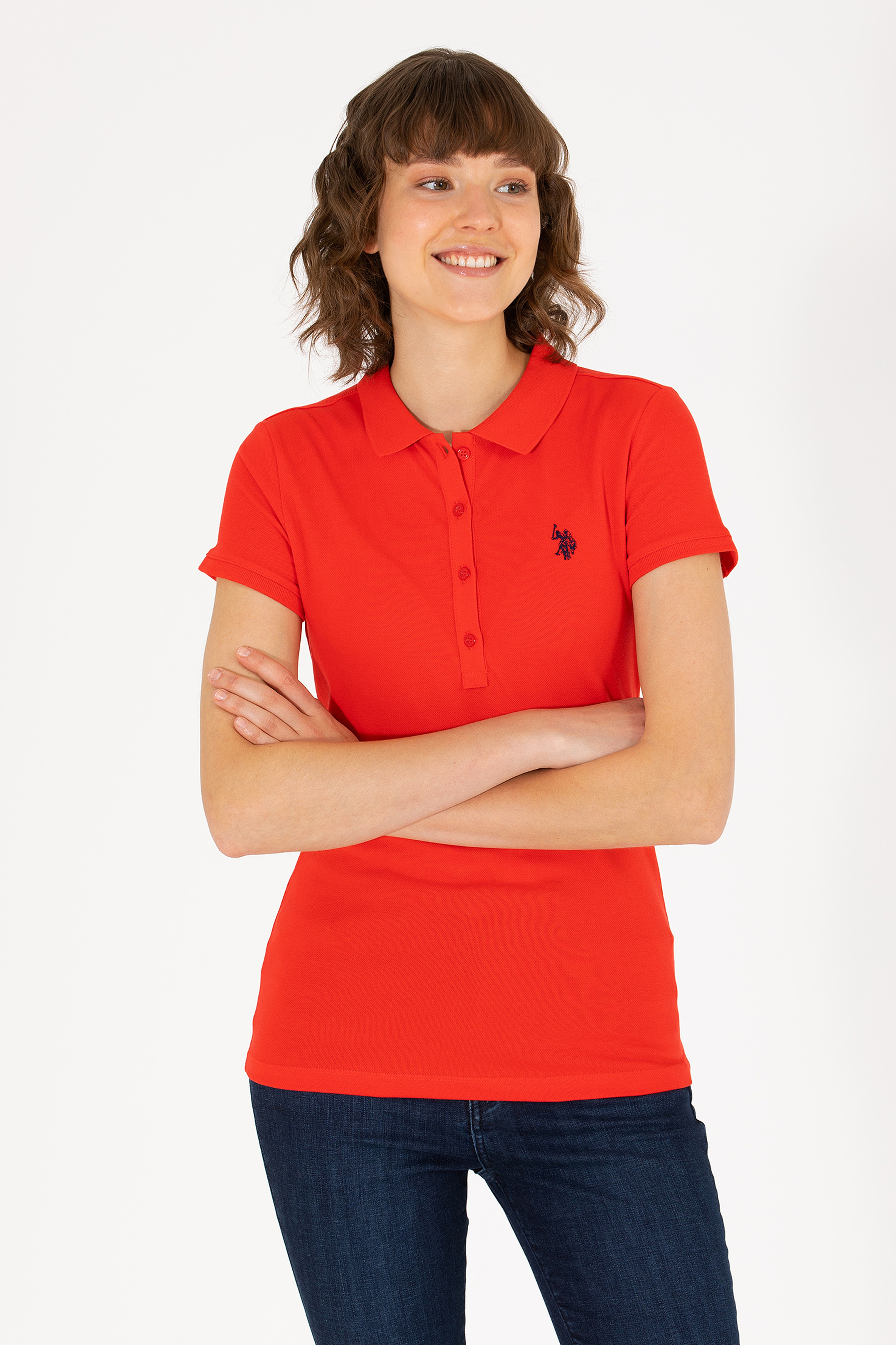 Kadın Kırmızı Basic Polo Yaka Tişört - Image 1