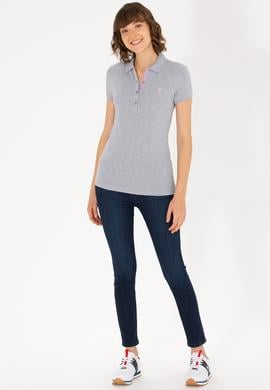 Kadın Gri Melanj Basic Polo Yaka Tişört - 50262698168