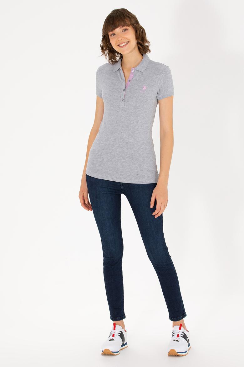 Kadın Gri Melanj Basic Polo Yaka Tişört - 50262698168