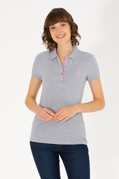 Kadın Gri Melanj Basic Polo Yaka Tişört