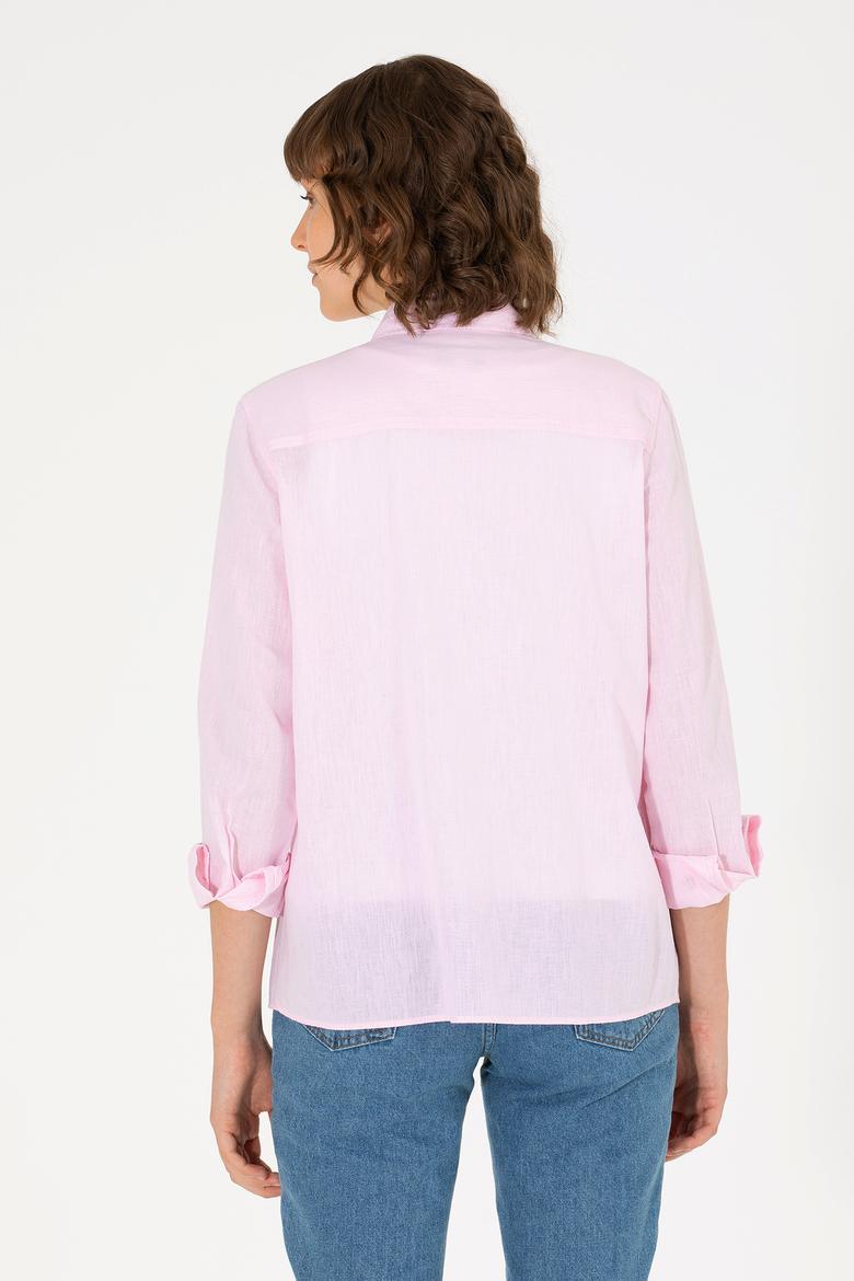 Kadın Manolya Keten Görünümlü Uzun Kollu Basic Gömlek - 50262873051