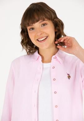 Kadın Manolya Keten Görünümlü Uzun Kollu Basic Gömlek - 50262873051