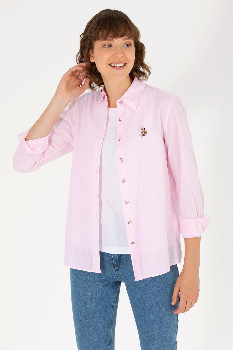 Kadın Manolya Keten Görünümlü Uzun Kollu Basic Gömlek - 50262873051