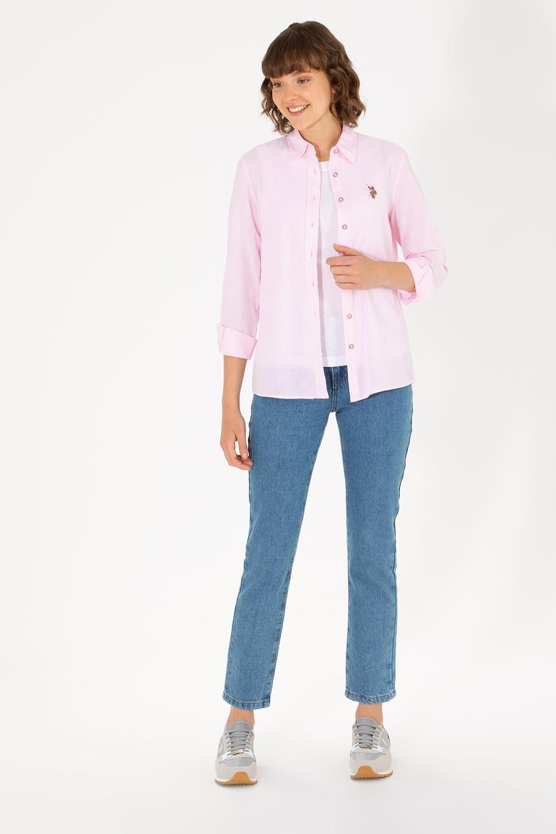 Kadın Manolya Keten Görünümlü Uzun Kollu Basic Gömlek - 50262873051