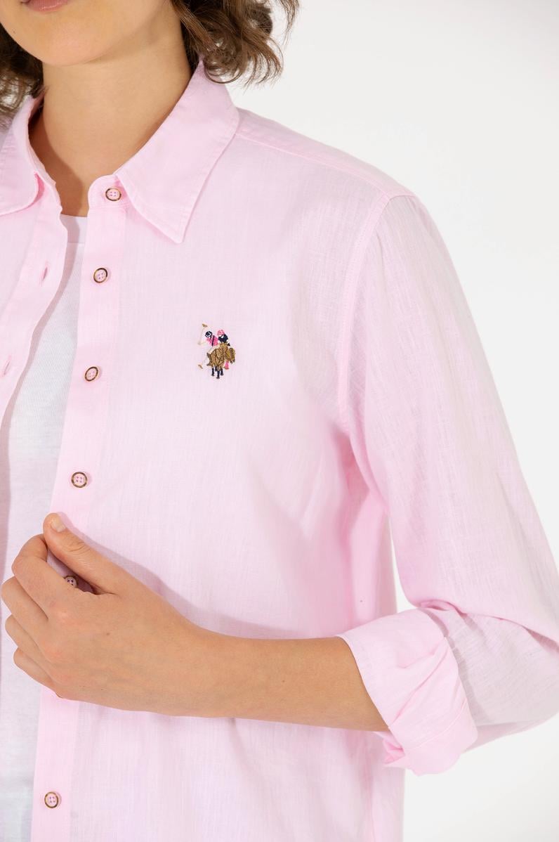 Kadın Manolya Keten Görünümlü Uzun Kollu Basic Gömlek