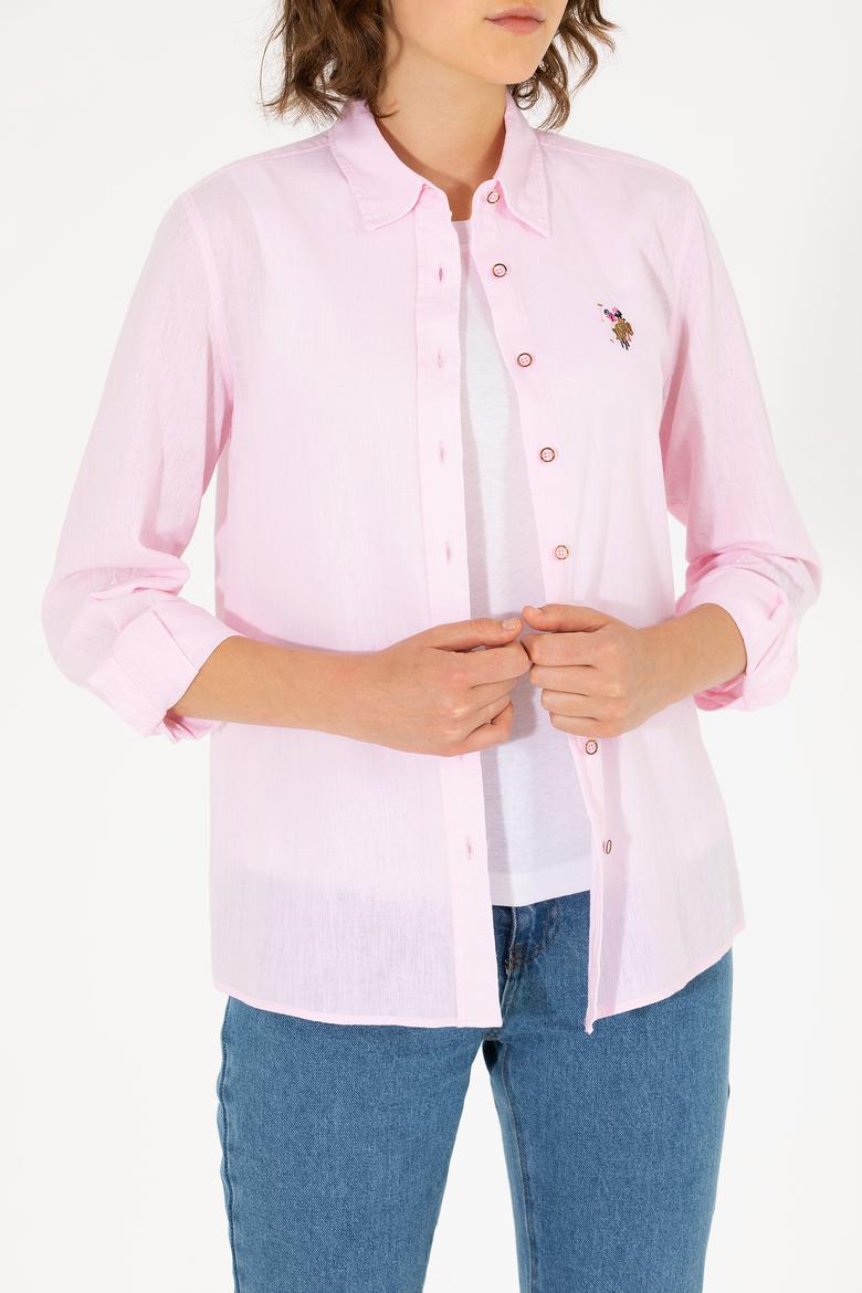 Kadın Manolya Keten Görünümlü Uzun Kollu Basic Gömlek - 50262873051