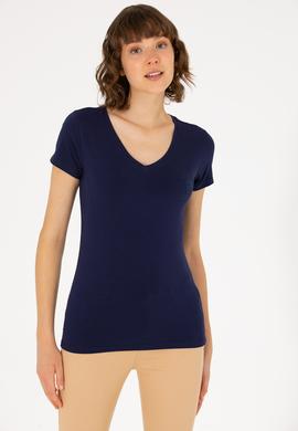 Kadın Lacivert V Yaka Basic Tişört - 50263976014