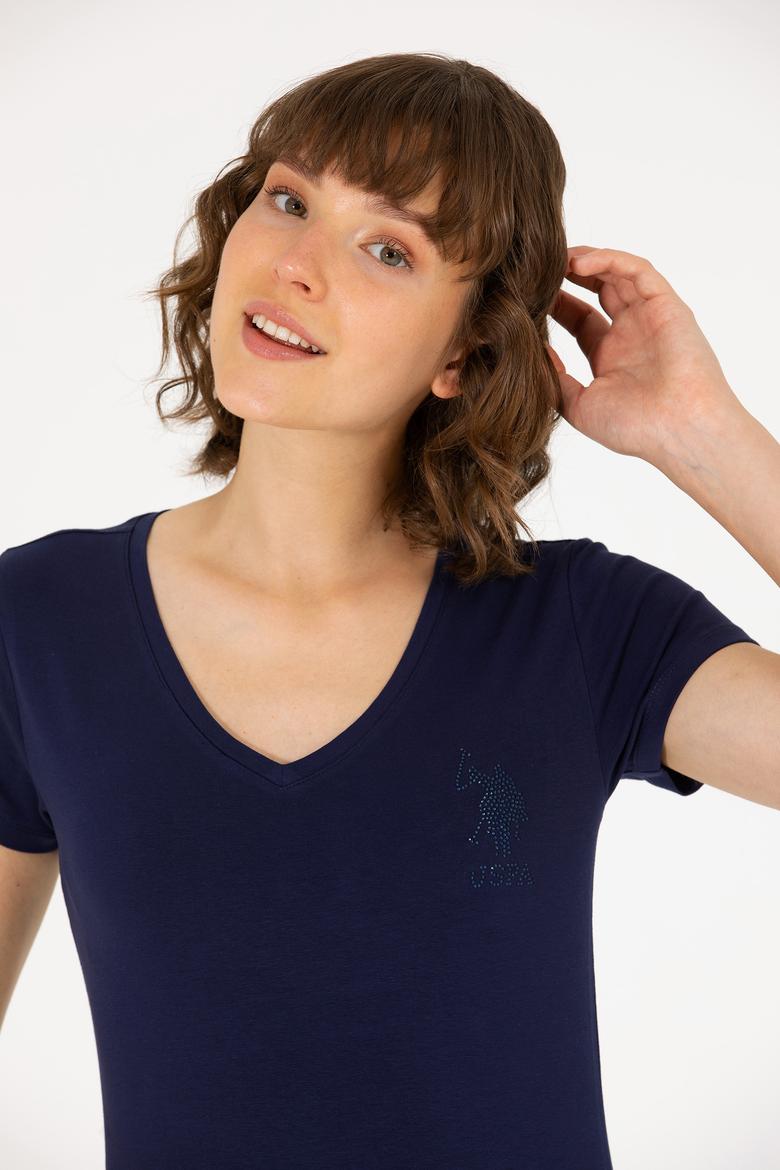 Kadın Lacivert V Yaka Basic Tişört - 50263976014