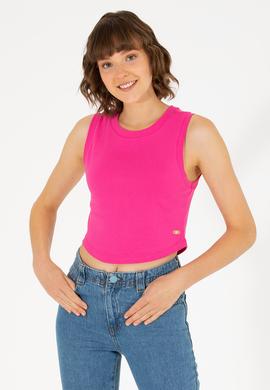 Kadın Fuşya Bisiklet Yaka Crop Basic Tişört - 50270100023