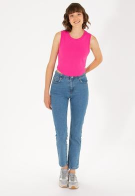 Kadın Fuşya Bisiklet Yaka Crop Basic Tişört - 50270100023