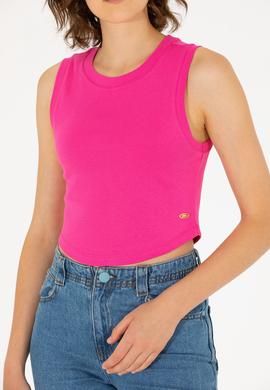 Kadın Fuşya Bisiklet Yaka Crop Basic Tişört - 50270100023