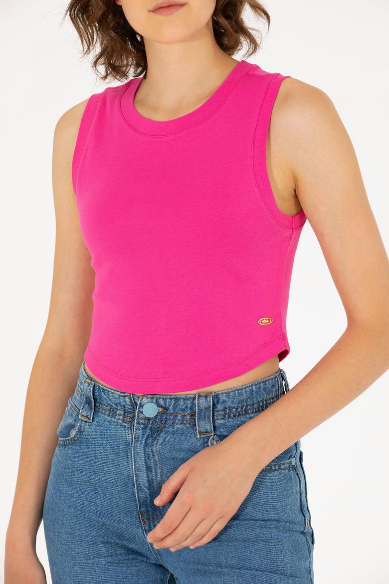 Kadın Fuşya Bisiklet Yaka Crop Basic Tişört - 50270100023
