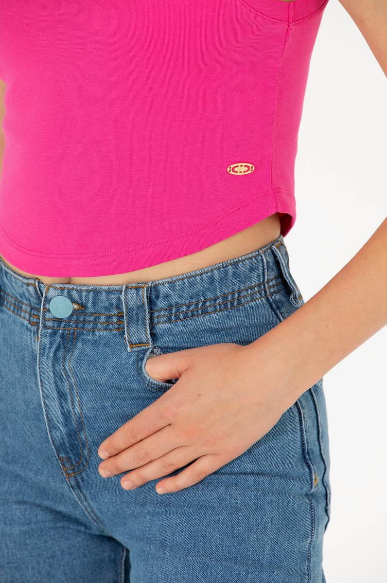 Kadın Fuşya Bisiklet Yaka Crop Basic Tişört