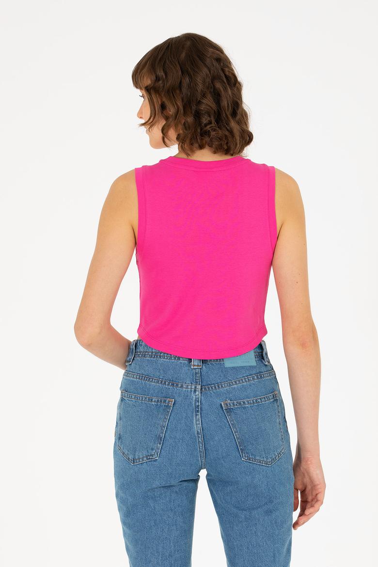 Kadın Fuşya Bisiklet Yaka Crop Basic Tişört - 50270100023