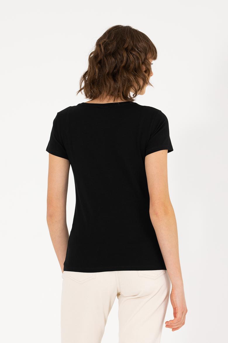 Kadın Siyah Bisiklet Yaka Basic Tişört - 50270493020