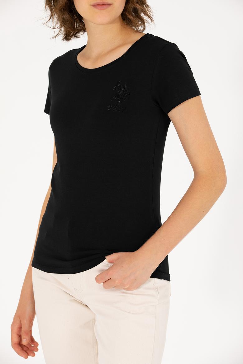 Kadın Siyah Bisiklet Yaka Basic Tişört - 50270493020
