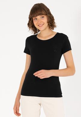 Kadın Siyah Bisiklet Yaka Basic Tişört - 50270493020