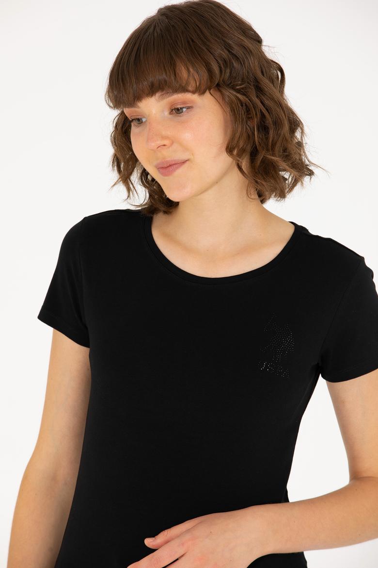 Kadın Siyah Bisiklet Yaka Basic Tişört - 50270493020