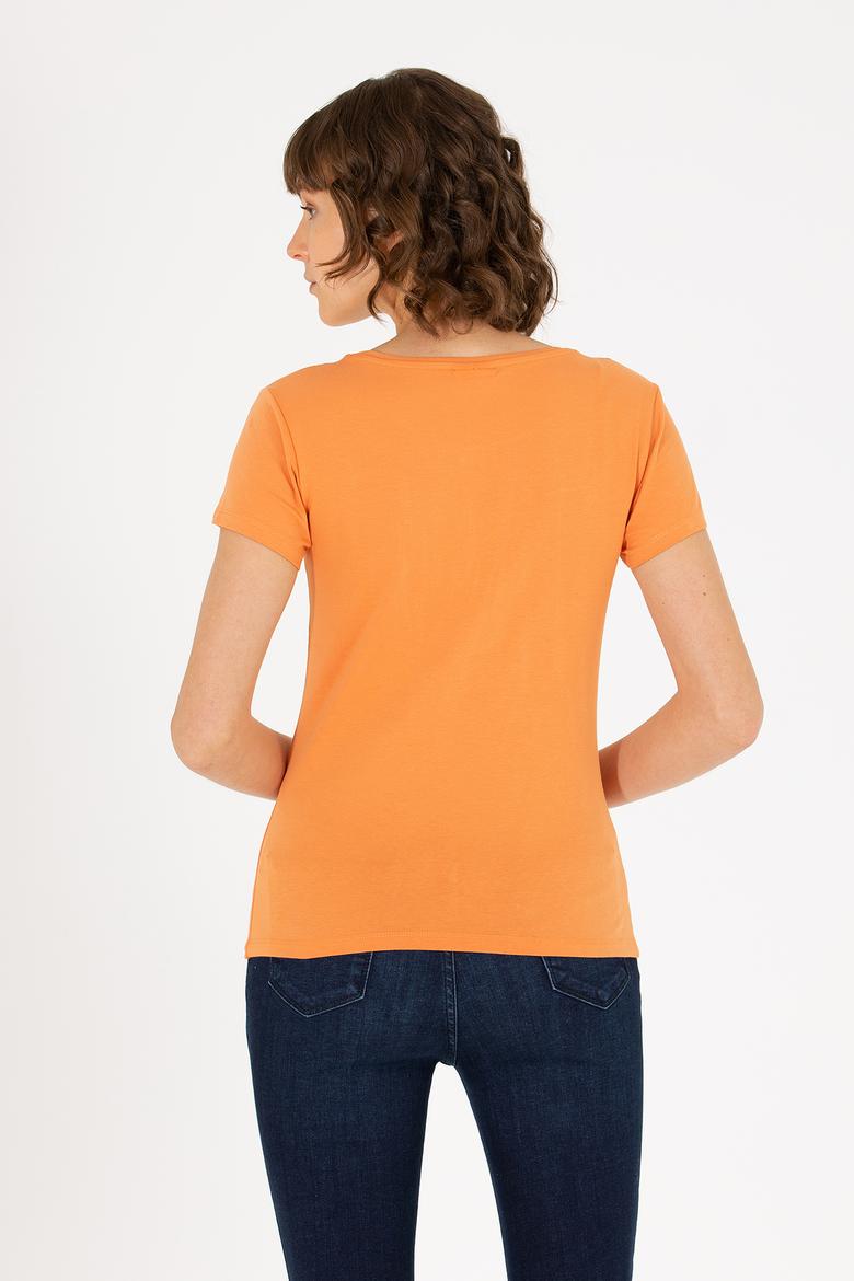 Kadın Kiremit Bisiklet Yaka Basic Tişört - 50270493038