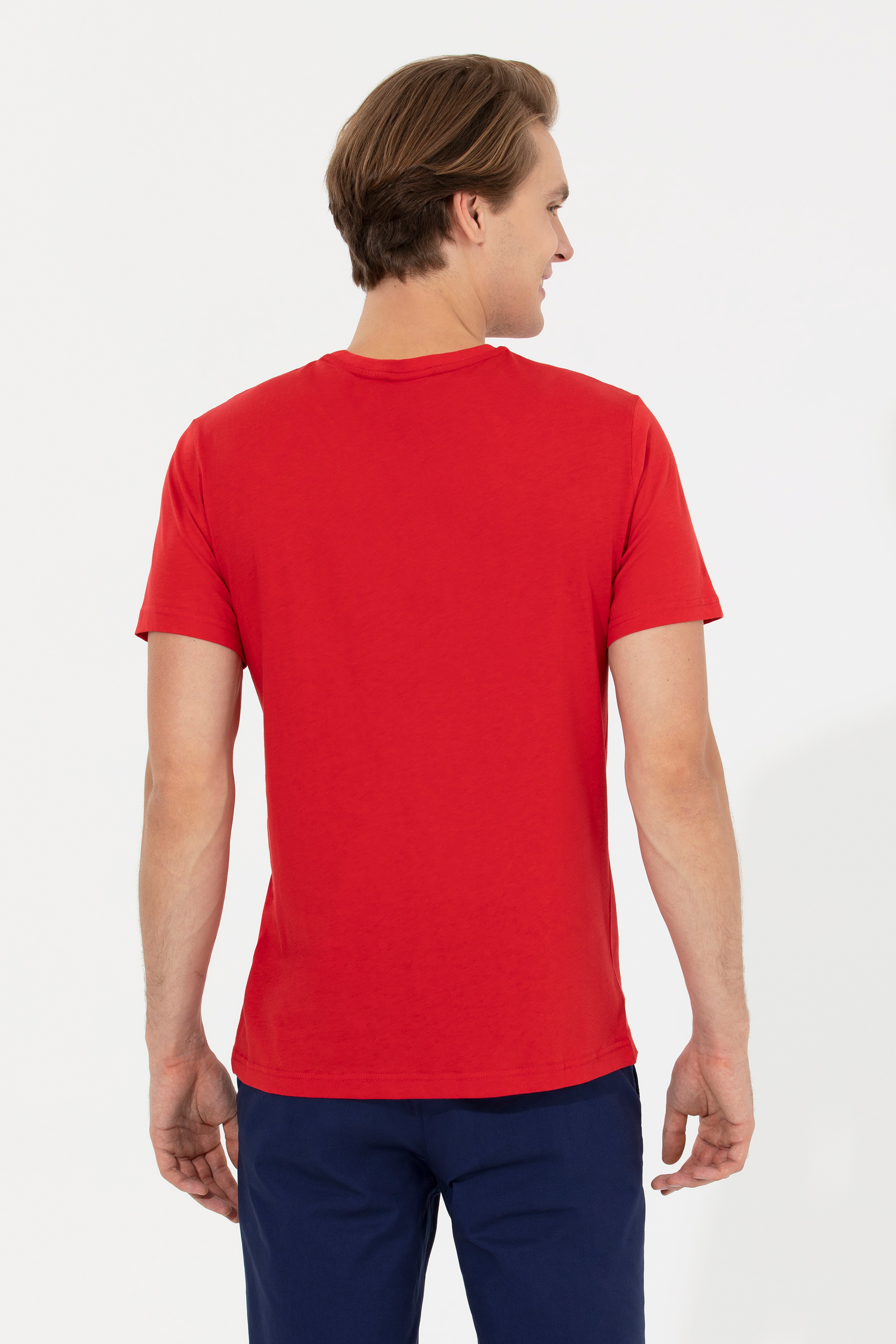 Erkek Kırmızı Bisiklet Yaka Basic T-Shirt - Image 5