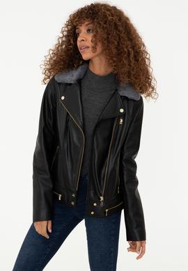 Kadın Siyah Deri Ceket - 50243902003