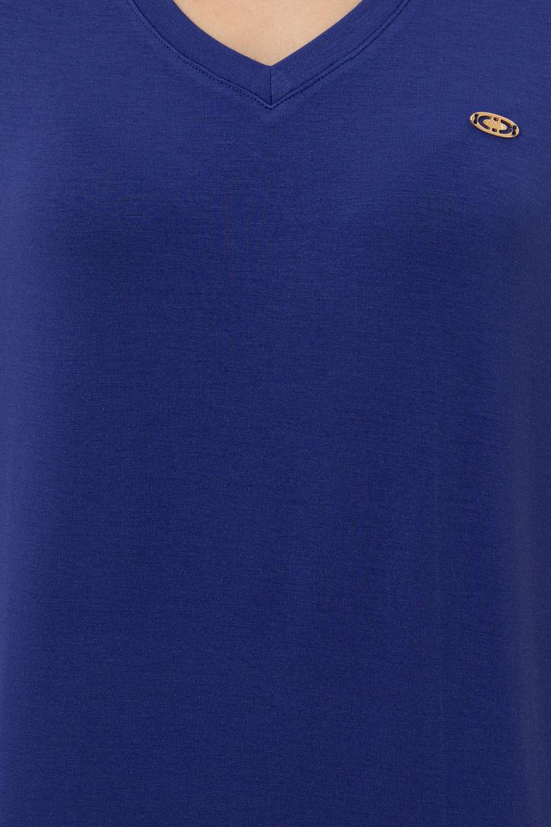 Kadın Mavi V Yaka Basic Tişört - 50246033047