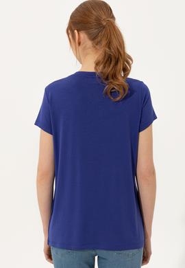 Kadın Mavi V Yaka Basic Tişört - 50246033047