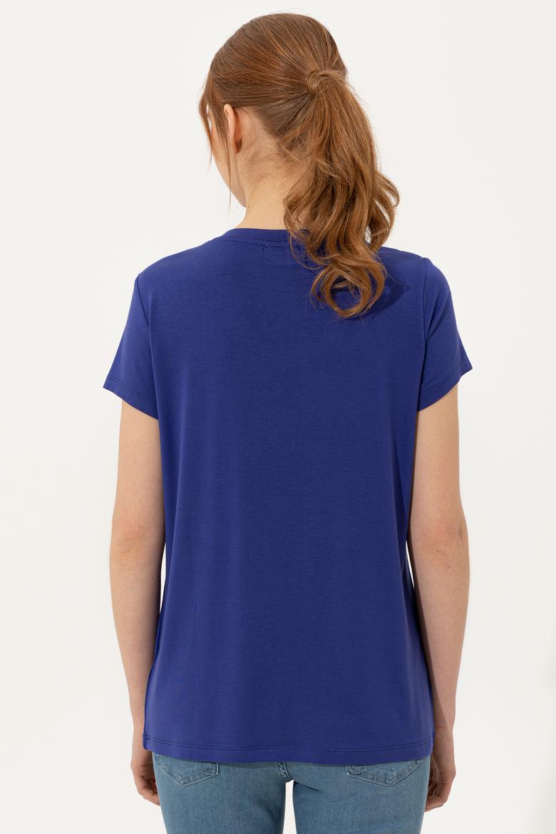 Kadın Mavi V Yaka Basic Tişört - 50246033047
