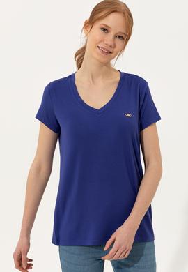Kadın Mavi V Yaka Basic Tişört - 50246033047